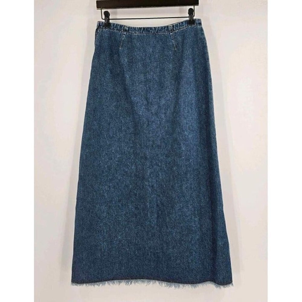 The Blues Womens 90s Denim Midi Skirt Raw Edge Hem Side Split Sz 7/8 - Picture 2 of 5
